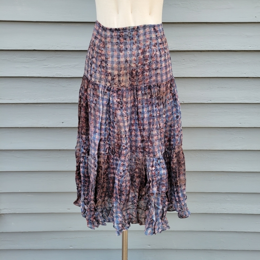 Peruvian Connection Flowy Summer Pleated Tiered Ruffle Floral Check Midi Skirt 8 - Picture 2 of 6